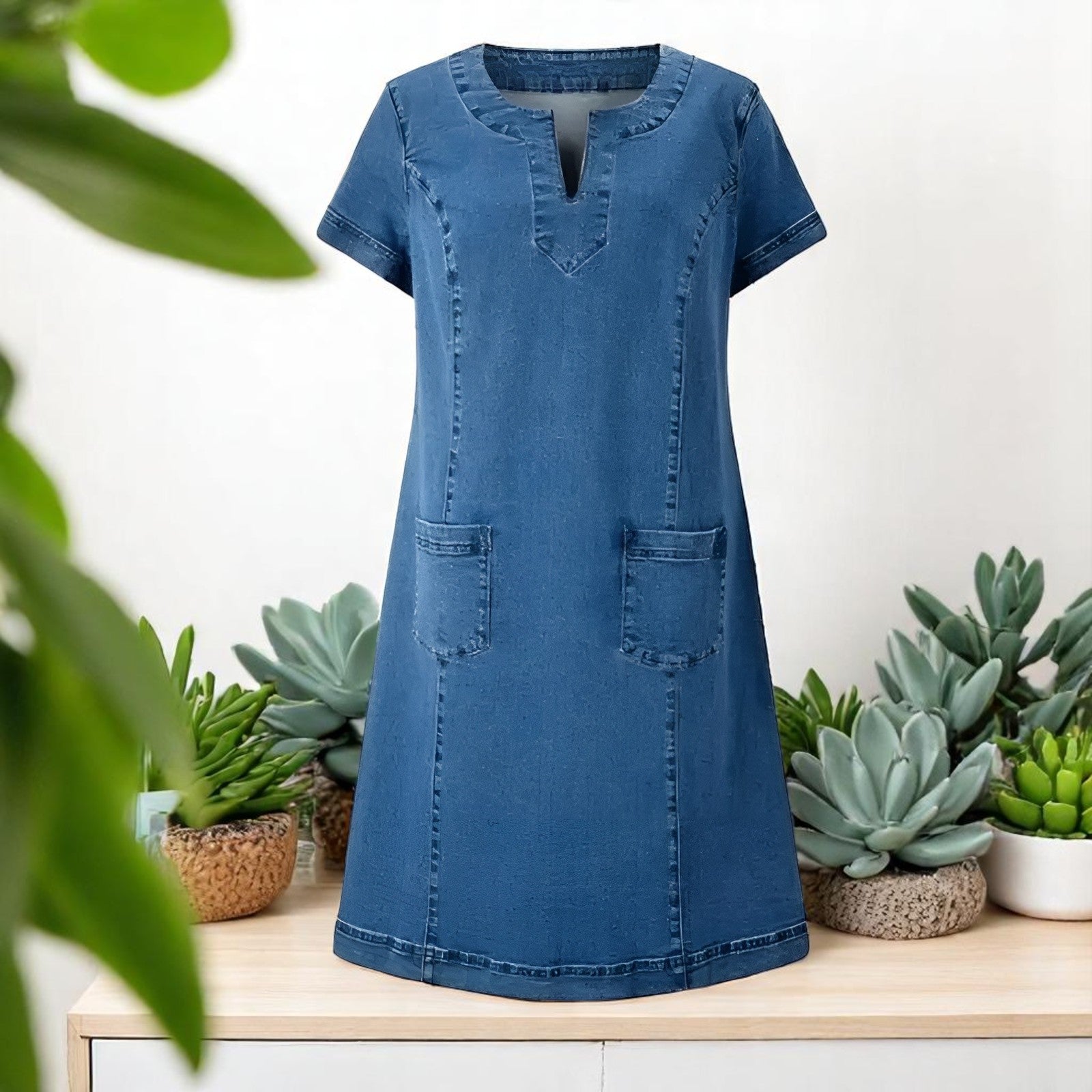 Lea | Zachte Denim Jurk met Voorzakken