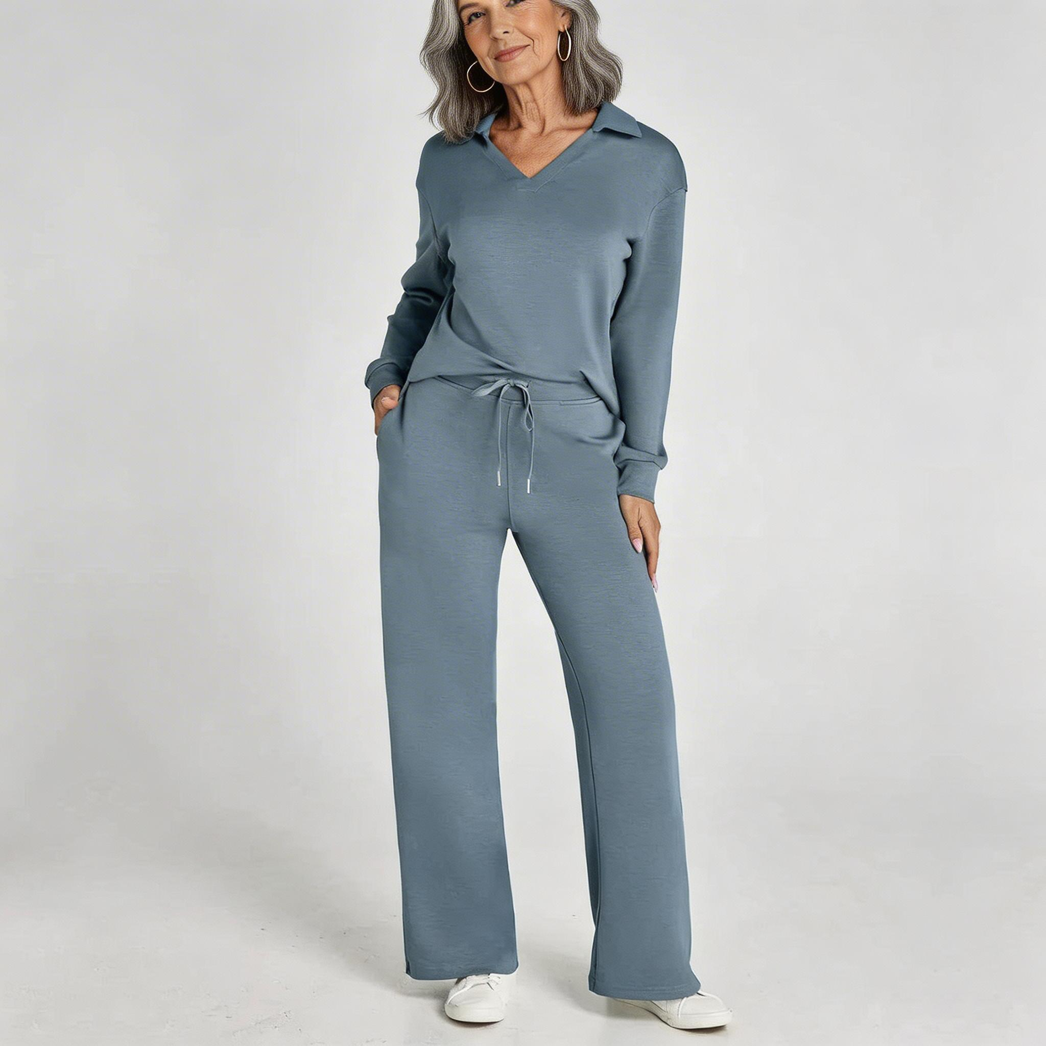 Serena | Luxe Loungewear Set met Wijde Comfy Broek en Elegante V-hals