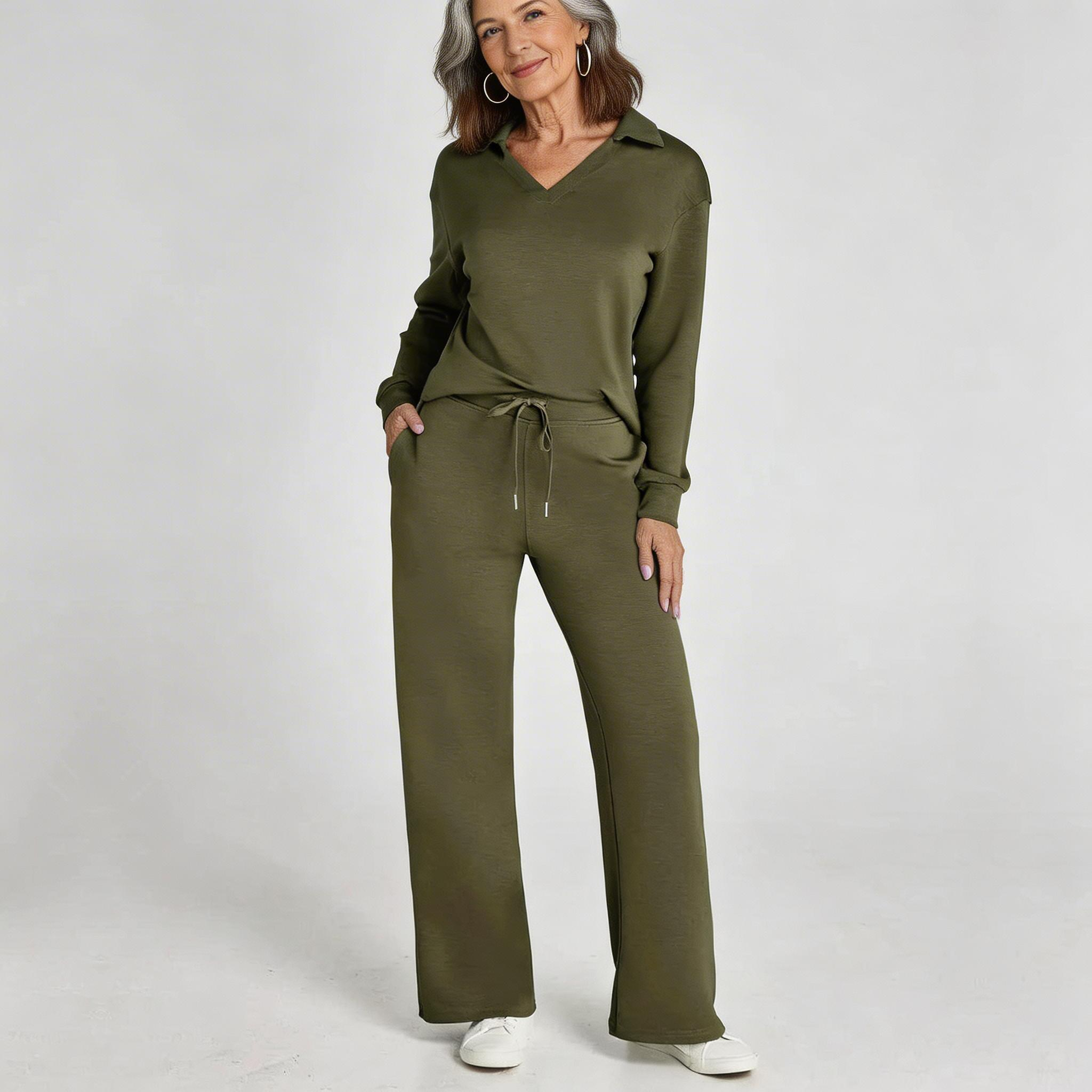 Serena | Luxe Loungewear Set met Wijde Comfy Broek en Elegante V-hals