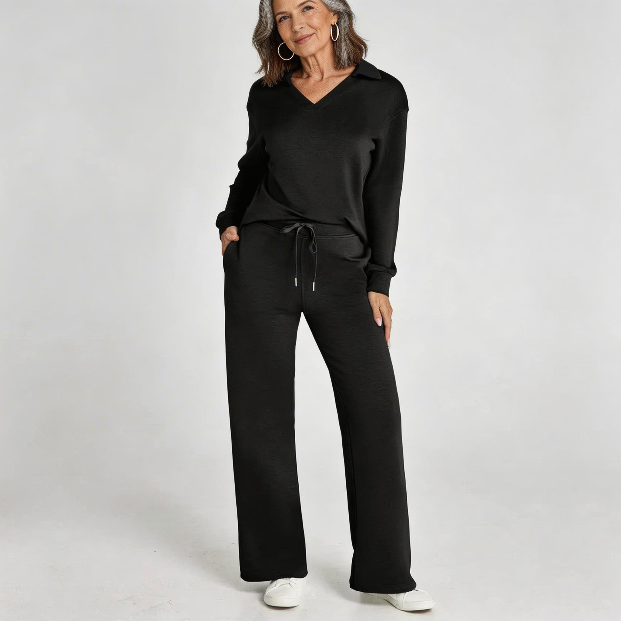 Serena | Luxe Loungewear Set met Wijde Comfy Broek en Elegante V-hals