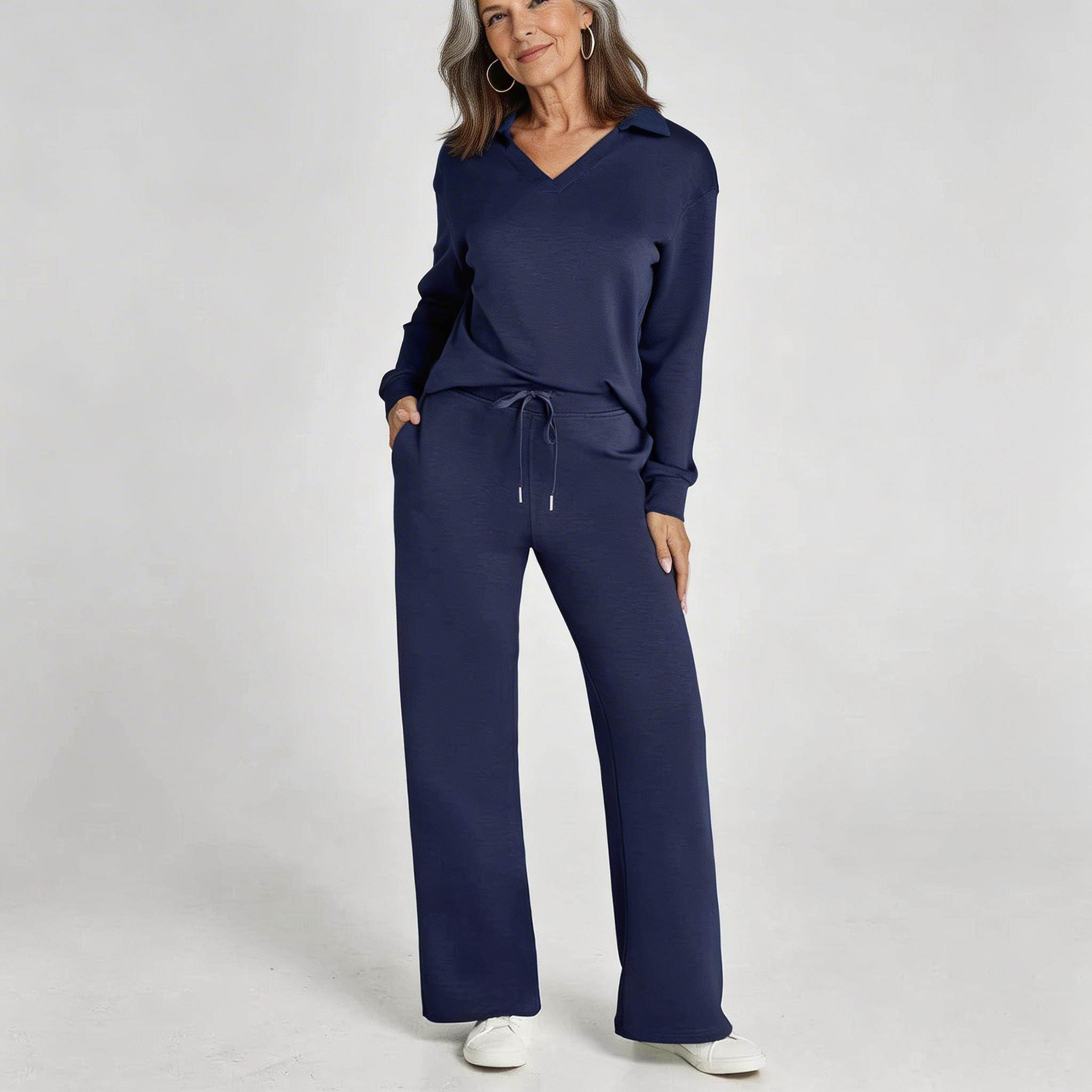 Serena | Luxe Loungewear Set met Wijde Comfy Broek en Elegante V-hals