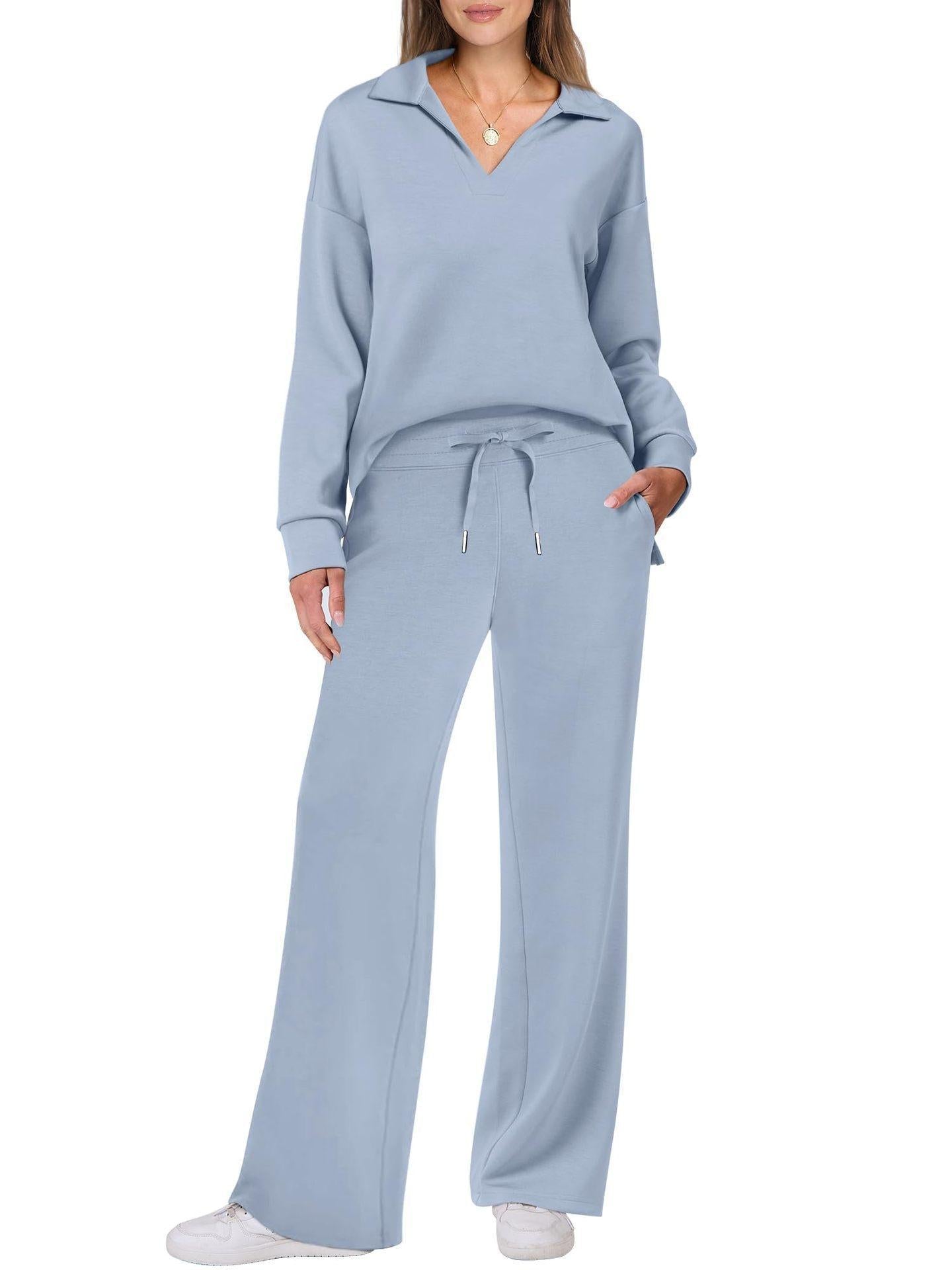 Serena | Luxe Loungewear Set met Wijde Comfy Broek en Elegante V-hals