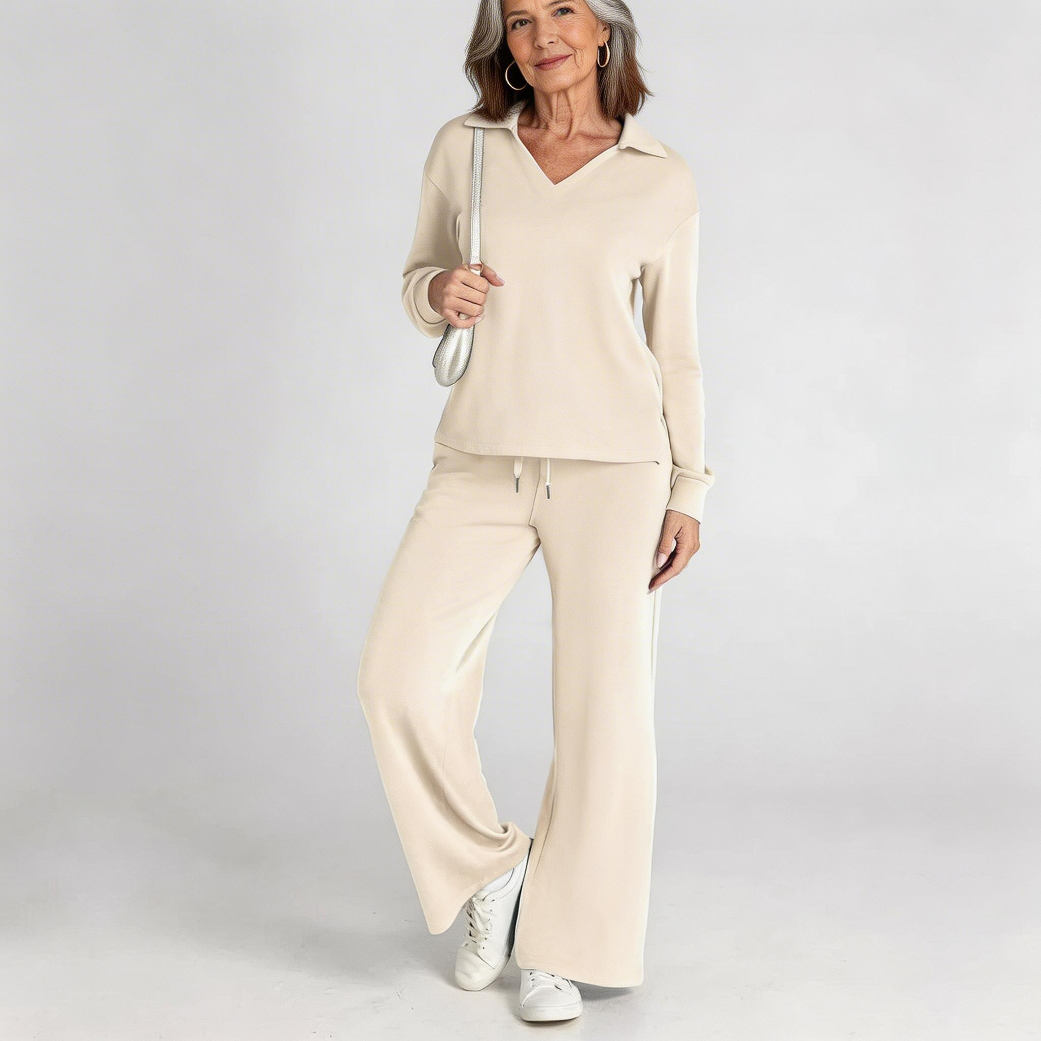 Serena | Luxe Loungewear Set met Wijde Comfy Broek en Elegante V-hals
